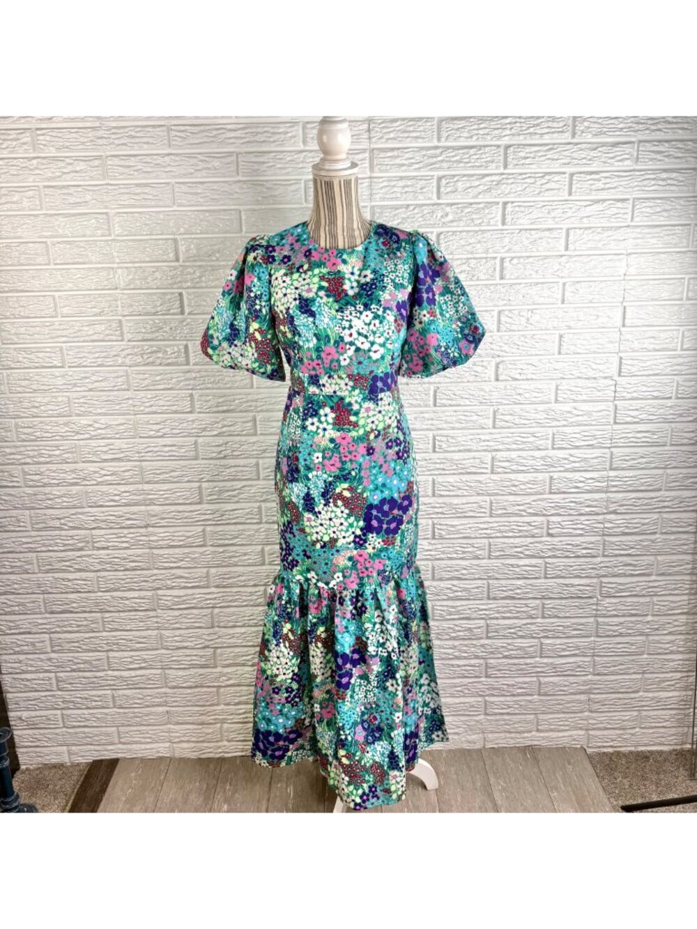 Feiman Floral Puff Sleeve Mermaid Ruffle Maxi Dress Fishtail Flounce Skirt Large